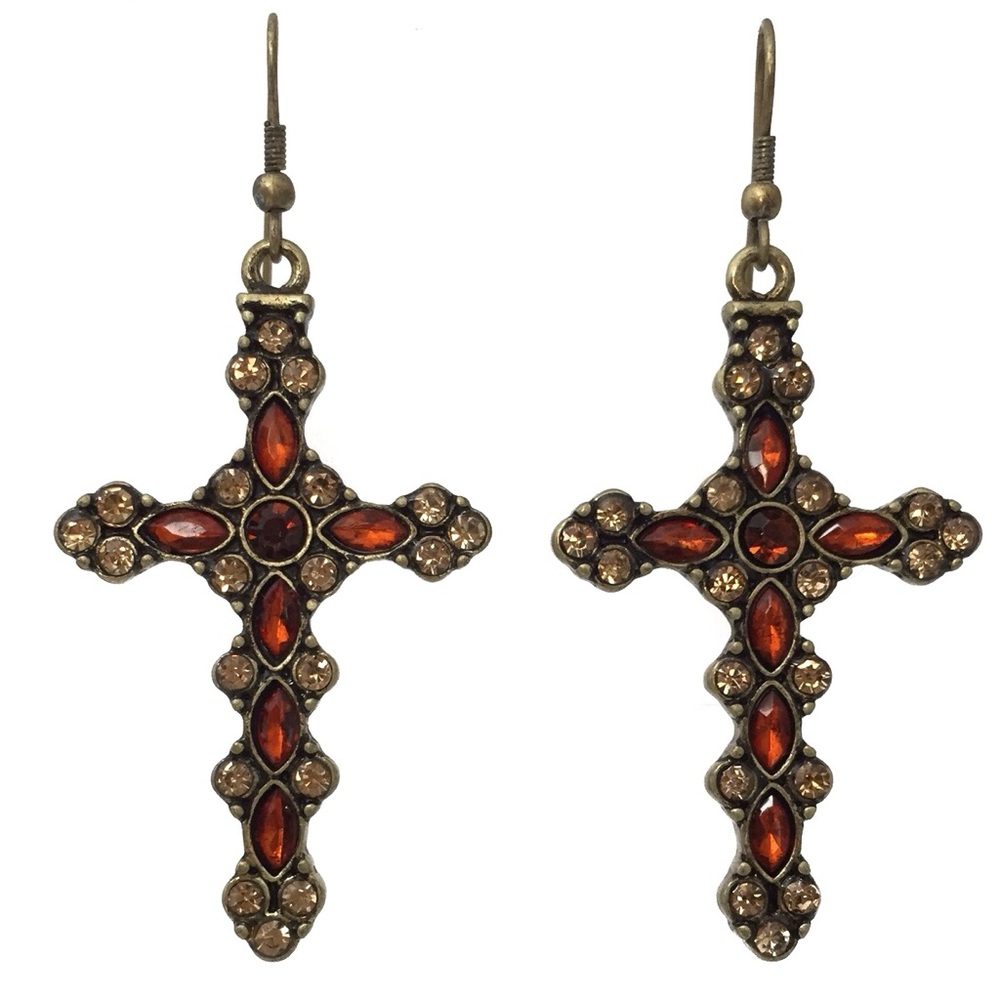 Brown Rhinestone Burnished Gold Tone Dangle Earrings